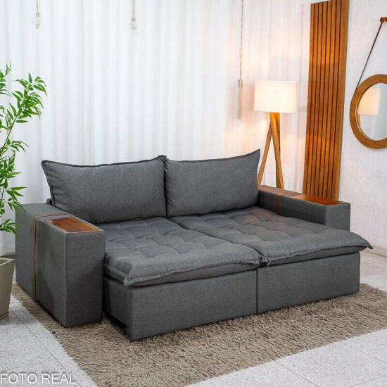 Sof� Retr�til Reclin�vel Emily 2.30m Linho Cinza - Sem Caixa