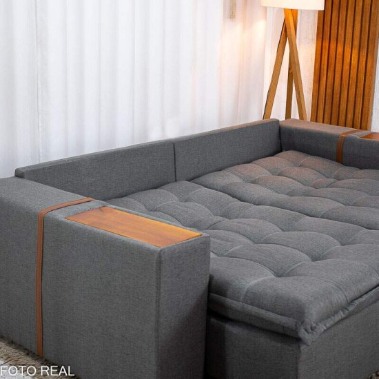 Sof� Retr�til Reclin�vel Emily 2.30m Linho Cinza - Sem Caixa
