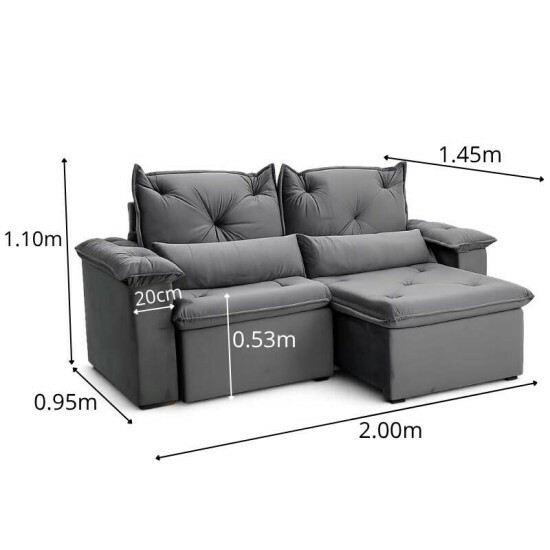 Sof� Retr�til Reclin�vel Santorini 2.00m Veludo Cinza - Sem Caixa