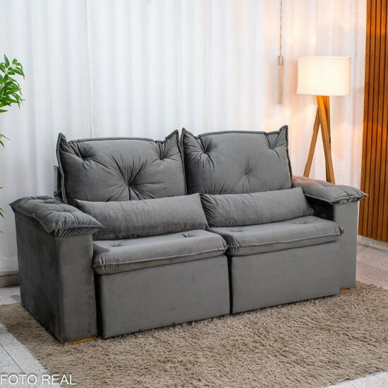 Sof� Retr�til Reclin�vel Santorini 2.00m Veludo Cinza - Sem Caixa