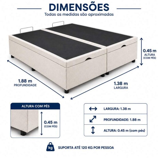 Base Box Ba� Casal Bipartido Confort Linh�o Palha Blindado 138x188x45 cm - Issacar