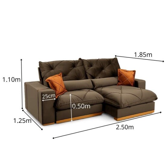 Sof� Retr�til Reclin�vel Texas 2.50m Veludo Marrom - Molas Ensacadas