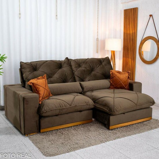 Sof� Retr�til Reclin�vel Texas 2.50m Veludo Marrom - Molas Ensacadas