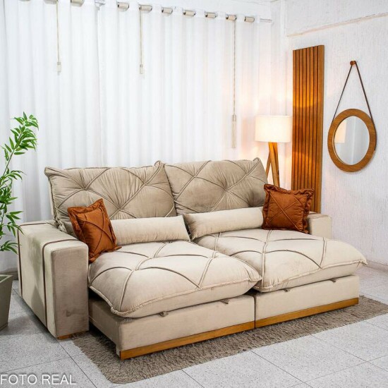 Sof� Retr�til Reclin�vel Texas 2.50m Veludo Bege - Molas Ensacadas