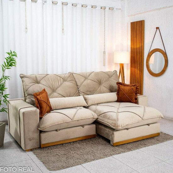 Sof� Retr�til Reclin�vel Texas 2.50m Veludo Bege - Molas Ensacadas