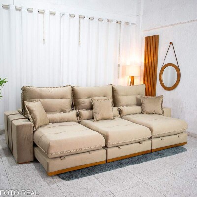 Sof� Retr�til Reclin�vel M�naco 3.20m Veludo Bege A32 - Molas Ensacadas