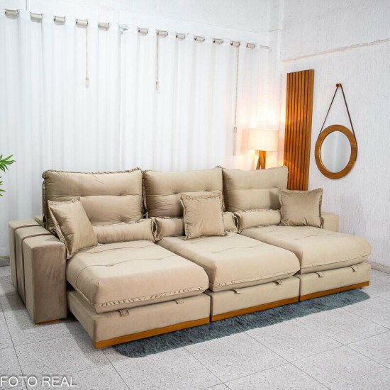 Sof� Retr�til Reclin�vel M�naco 3.20m Veludo Bege A32 - Molas Ensacadas