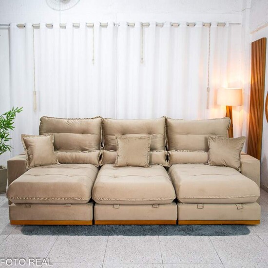 Sof� Retr�til Reclin�vel M�naco 3.20m Veludo Bege A32 - Molas Ensacadas