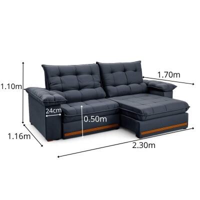 Sof� Retr�til Reclin�vel Mariana 2.30m Veludo Chumbo 330 - D33 e Molas Ensacadas