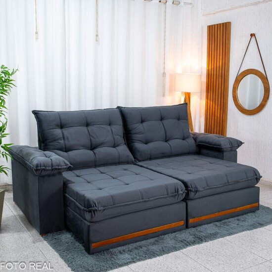 Sof� Retr�til Reclin�vel Mariana 2.30m Veludo Chumbo 330 - D33 e Molas Ensacadas