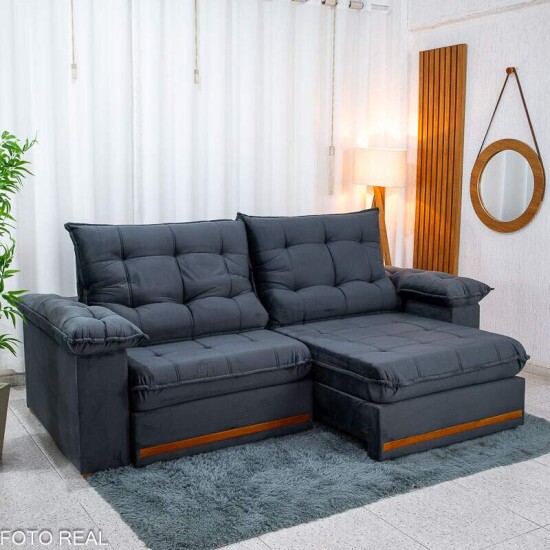 Sof� Retr�til Reclin�vel Mariana 2.30m Veludo Chumbo 330 - D33 e Molas Ensacadas