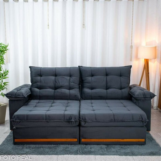 Sof� Retr�til Reclin�vel Mariana 2.30m Veludo Chumbo 330 - D33 e Molas Ensacadas