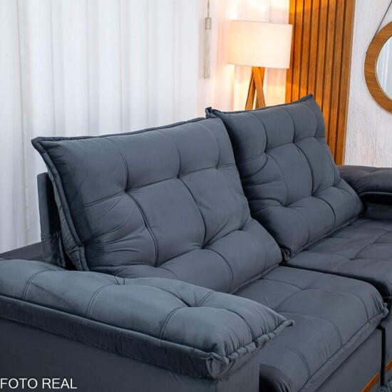 Sof� Retr�til Reclin�vel Mariana 2.30m Veludo Chumbo 330 - D33 e Molas Ensacadas