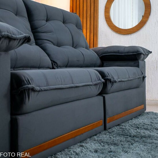 Sof� Retr�til Reclin�vel Mariana 2.30m Veludo Chumbo 330 - D33 e Molas Ensacadas