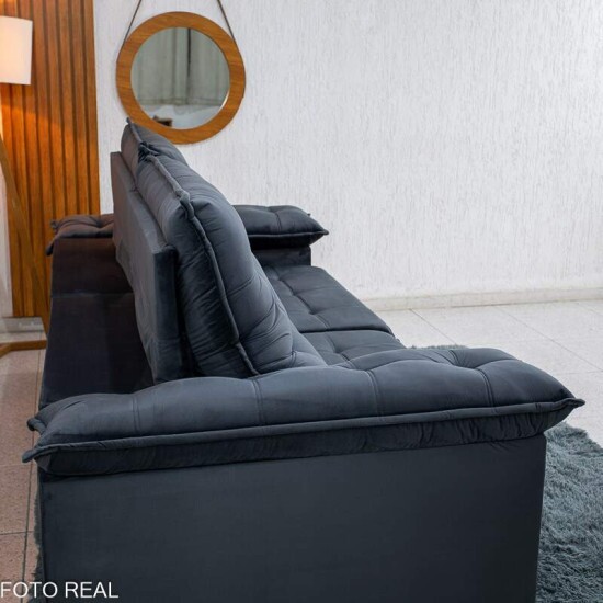 Sof� Retr�til Reclin�vel Mariana 2.30m Veludo Chumbo 330 - D33 e Molas Ensacadas