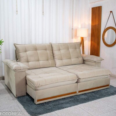 Sof� Retr�til Reclin�vel Mariana 2.50m Veludo Bege 334 - D33 e Molas Ensacadas
