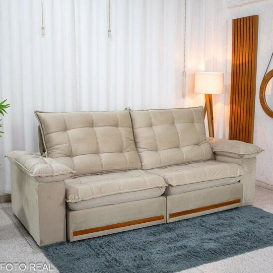 Sof� Retr�til Reclin�vel Mariana 2.50m Veludo Bege 334 - D33 e Molas Ensacadas