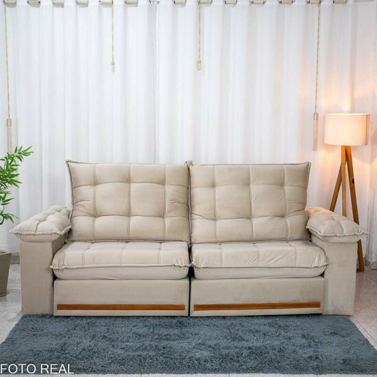 Sof� Retr�til Reclin�vel Mariana 2.50m Veludo Bege 334 - D33 e Molas Ensacadas