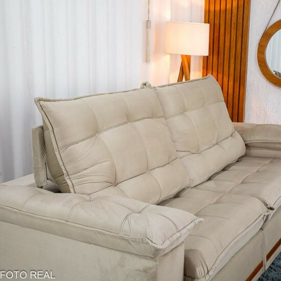Sof� Retr�til Reclin�vel Mariana 2.50m Veludo Bege 334 - D33 e Molas Ensacadas