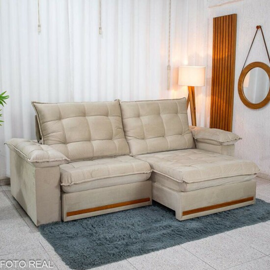 Sof� Retr�til Reclin�vel Mariana 2.30m Veludo Bege 334 - D33 e Molas Ensacadas