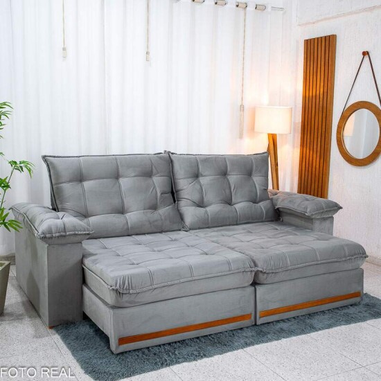 Sof� Retr�til Reclin�vel Mariana 2.50m Veludo Prata 321 - D33 e Molas Ensacadas