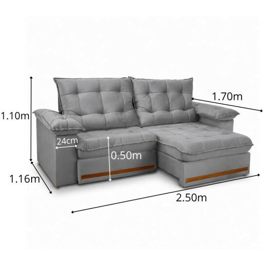 Sof� Retr�til Reclin�vel Mariana 2.50m Veludo Prata 321 - D33 e Molas Ensacadas