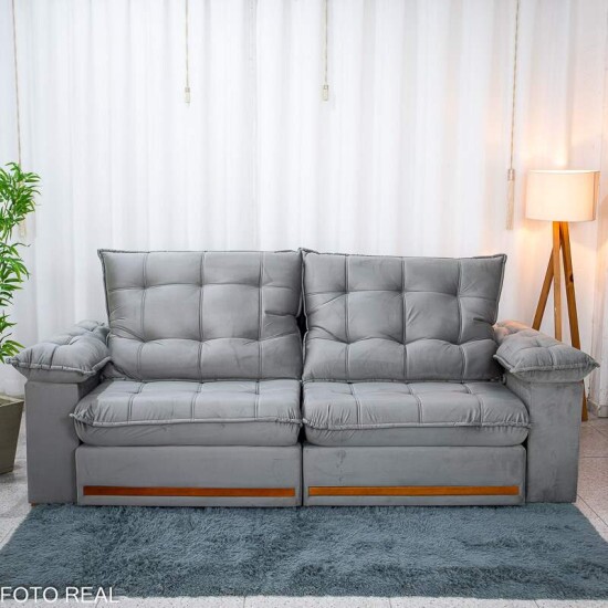 Sof� Retr�til Reclin�vel Mariana 2.50m Veludo Prata 321 - D33 e Molas Ensacadas