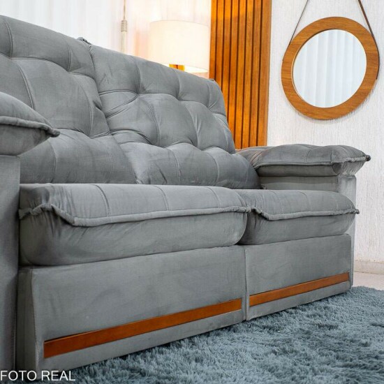 Sof� Retr�til Reclin�vel Mariana 2.50m Veludo Prata 321 - D33 e Molas Ensacadas