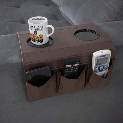 Bandeja para Braço de Sofá com Porta Copos e Controle Corino Marrom