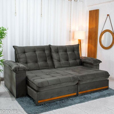 Sof� Retr�til Reclin�vel Mariana 2.30m Veludo Marrom 320 - D33 e Molas Ensacadas