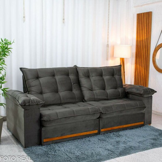 Sof� Retr�til Reclin�vel Mariana 2.50m Veludo Marrom 320 - D33 e Molas Ensacadas
