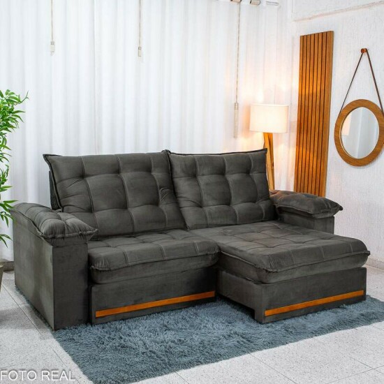 Sof� Retr�til Reclin�vel Mariana 2.50m Veludo Marrom 320 - D33 e Molas Ensacadas