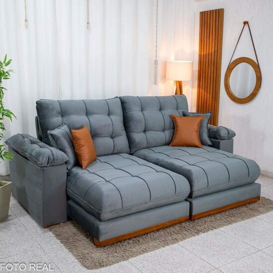 Sof� Retr�til Reclin�vel Verona 2.30m Veludo Cinza - Molas Ensacadas