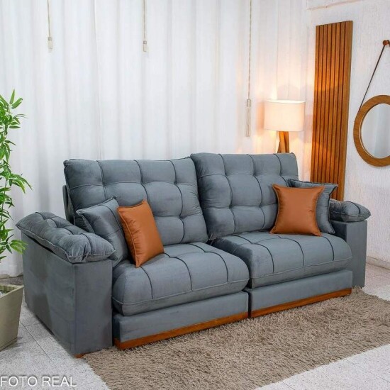 Sof� Retr�til Reclin�vel Verona 2.30m Veludo Cinza - Molas Ensacadas