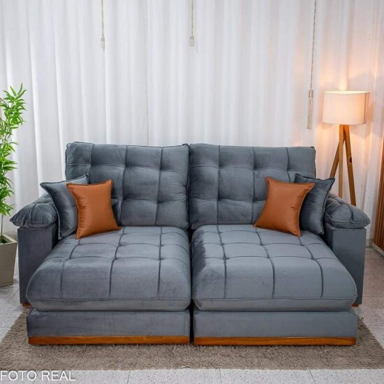 Sof� Retr�til Reclin�vel Verona 2.30m Veludo Cinza - Molas Ensacadas