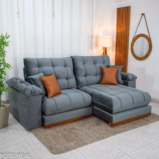 Sof� Retr�til Reclin�vel Verona 2.30m Veludo Cinza - Molas Ensacadas