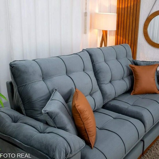 Sof� Retr�til Reclin�vel Verona 2.30m Veludo Cinza - Molas Ensacadas