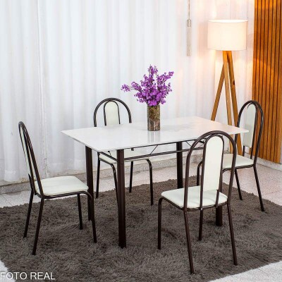 Mesa Serena 120x75 Tampo Pedra + 4 Cad. Corino Branco - Teixeira