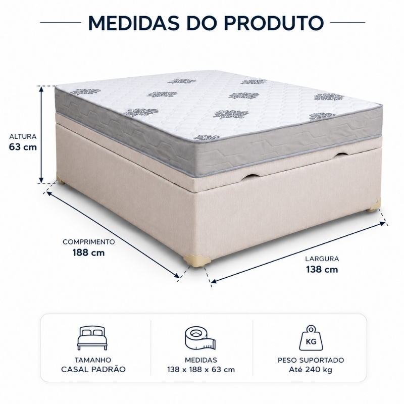 Colch�o Casal Ortop�dico Confort Premium Inovaflex + Base Box Ba� Casal Confort Linh�o Palha Blindado Issacar - 138x188x63