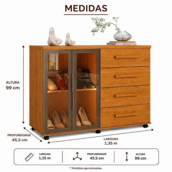 C�moda 1,35m Lady 1.35m Nature 4 Gavetas 2 Porta Reflecta com Led - JA M�veis