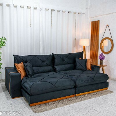 Sof� Retr�til Reclin�vel Gran Bello 2.90m Veludo Preto 24 - Molas Ensacadas