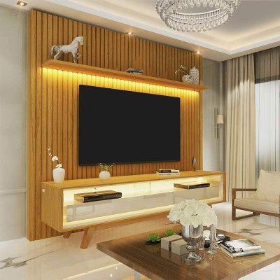 Rack Requinte 1.72m Naturale/Off + Painel Nobre 1.85m Naturale Ripado C/ Led 100% MDF TV at� 75 Polegadas- Gelius