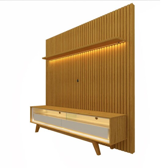 Rack Requinte Larg. 1.72m Naturale/off + Painel Nobre Larg. 1.85m Naturale Ripado C/ Led 100% MDF TV at� 75\\\" - Gelius