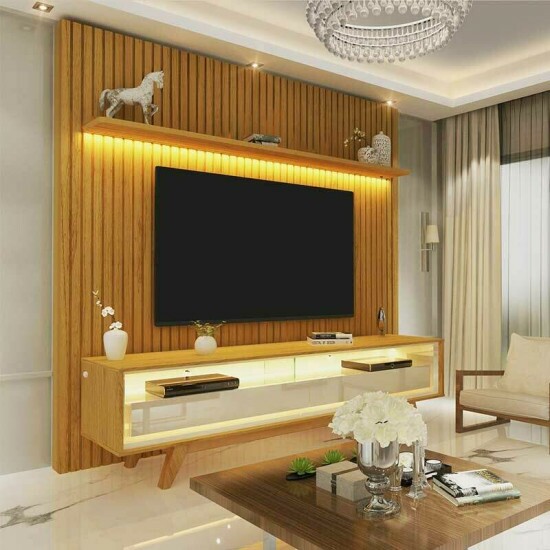 Rack Requinte Larg. 1.72m Naturale/off + Painel Nobre Larg. 1.85m Naturale Ripado C/ Led 100% MDF TV at� 75\\\" - Gelius