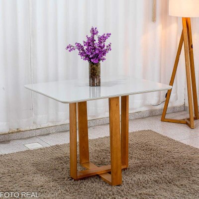 Mesa T�quio 100x80 Vidro Off/Base Madeira Maci�a