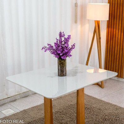 Mesa T�quio 100x80 Vidro Off/Base Madeira Maci�a