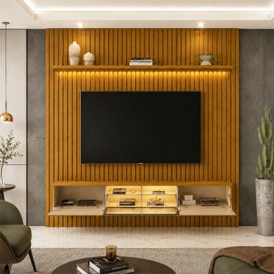 Painel Nobre Larg. 1.85m Naturale Ripado + Nicho Larg. 1.51m Luminare Naturale C/Led para TV at� 75