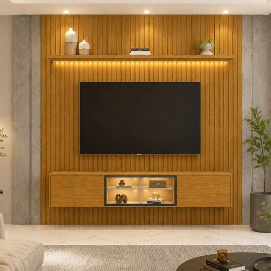 Painel Nobre Larg. 1.85m Naturale Ripado + Nicho Larg. 1.51m Luminare Naturale C/Led para TV at� 75\\\" - Gelius