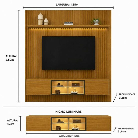 Painel Nobre Larg. 1.85m Naturale Ripado + Nicho Larg. 1.51m Luminare Naturale C/Led para TV at� 75\\\" - Gelius