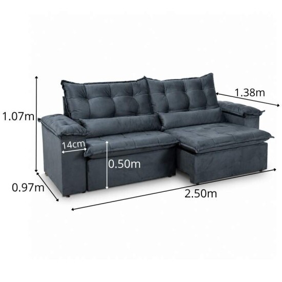 Sof� Retr�til Reclin�vel Niger 2.50m Veludo Cinza B142 - Sem Caixa